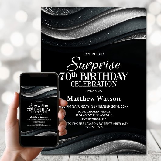 Invitation Black and Silver Surprise 70th Birthday Party