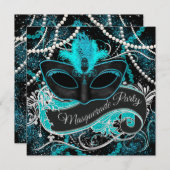 Invitation Black and Turquoise Blue Masquerade Party (Devant / Derrière)