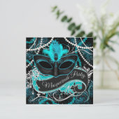 Invitation Black and Turquoise Blue Masquerade Party (Debout devant)