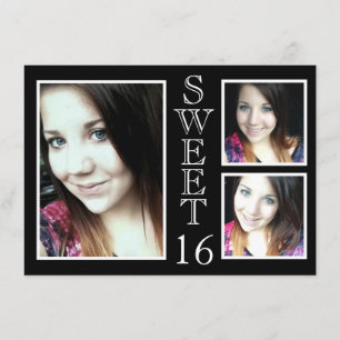 Invitation Black and White 3 Photo Sweet 16
