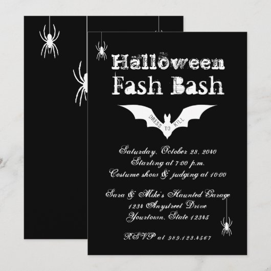 Invitation Black and White Bat Chic Crazy Halloween Party (Devant / Derrière)