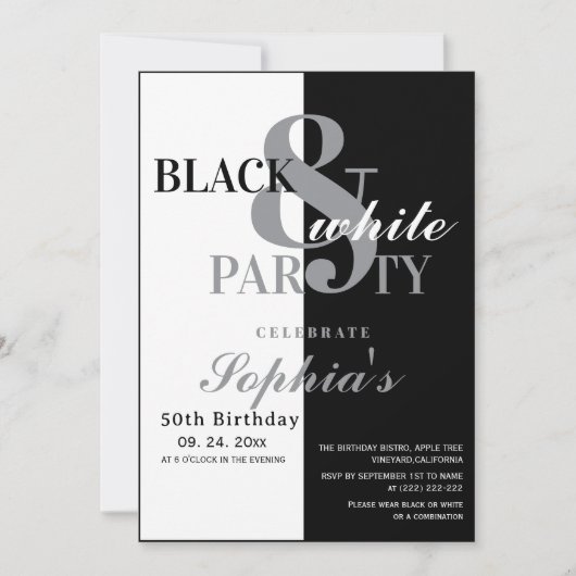 Invitation Black and White Birthday Party (Devant)