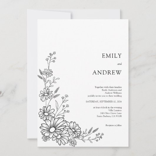 Invitation Black and White Botanical Daisy Garden Wedding (Devant)