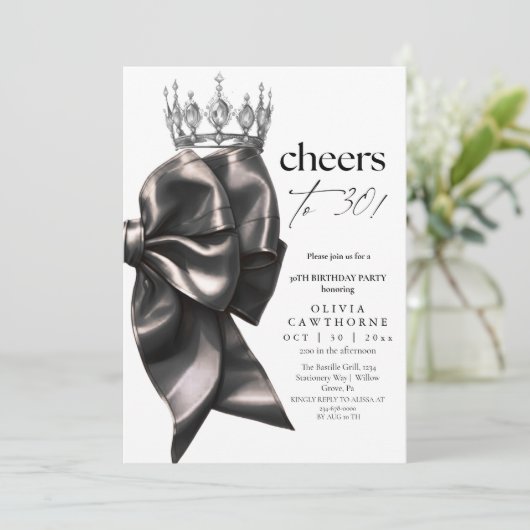 Invitation Black and White Bow 30th Birthday Party (Debout devant)