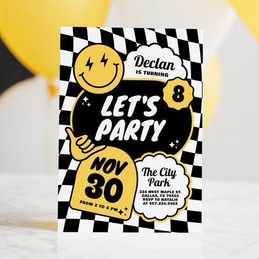 Invitation Black and White Checker Retro Smile Boy Birthday