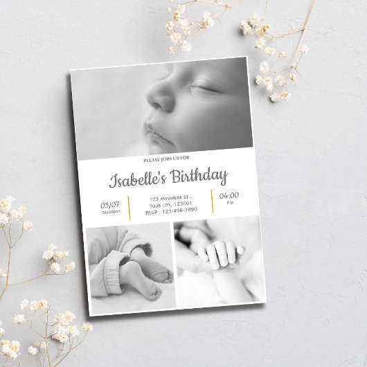 Invitation Black and white Cute 1er Anniversaire Fête Invitat