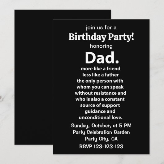 Invitation Black and White Dad Daddy Quote Birthday Party (Devant / Derrière)