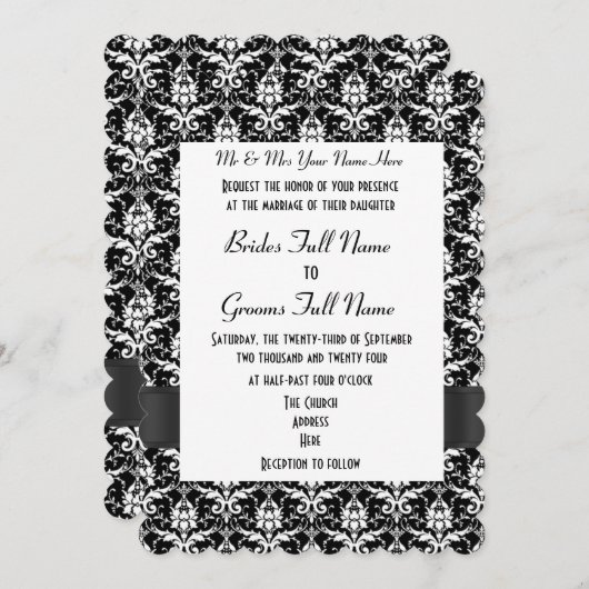 Invitation Black and white damask (Devant / Derrière)