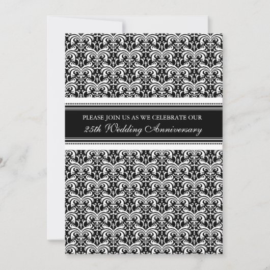 Invitation Black and White Damask 25e anniversaire (Devant)