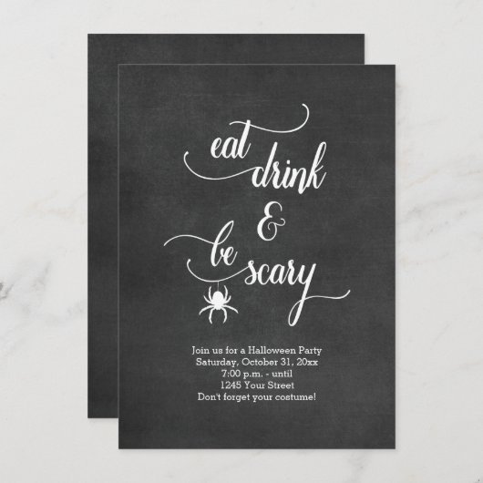 Invitation Black and White Eat Drink Be Effrayant Halloween P (Devant / Derrière)