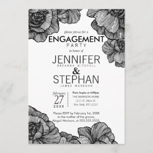Invitation Black and White Elegant Floral Engagement Party