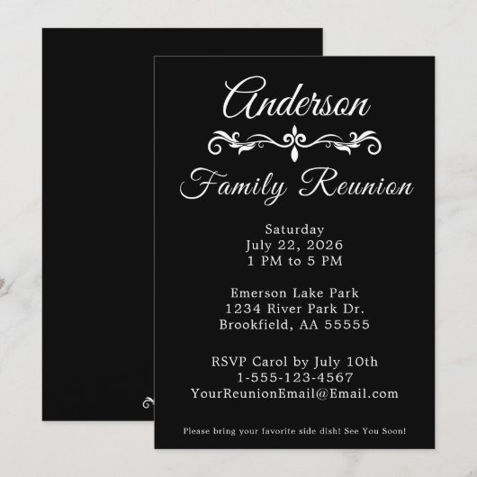Invitation Black and White Family Reunion Elegant Script  Inv (Devant / Derrière)