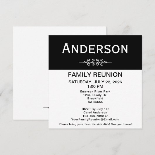 Invitation Black and White Family Reunion Square Simple  (Devant / Derrière)