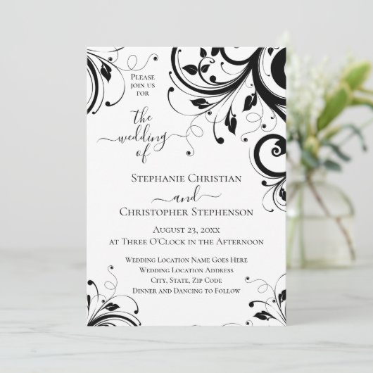 Invitation Black and White Festiver Swirl QR Code All in One (Debout devant)