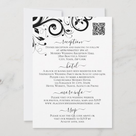 Invitation Black and White Festiver Swirl QR Code All in One  (Dos)