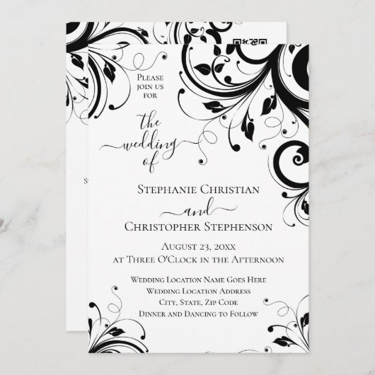Invitation Black and White Festiver Swirl QR Code All in One  (Devant / Derrière)