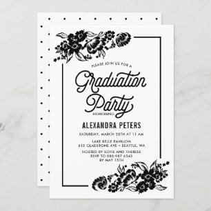 Invitation Black and White Floral Graduation Party