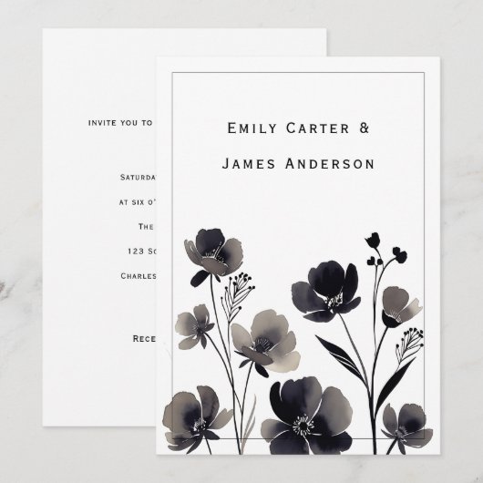 Invitation Black and White Floral Wedding (Devant / Derrière)