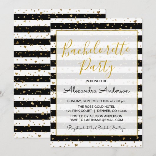 Invitation Black and White Gold Foil Hearts Bachelorett Party (Devant / Derrière)
