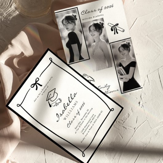 Invitation Black and White Hand Drawn Bow graduation