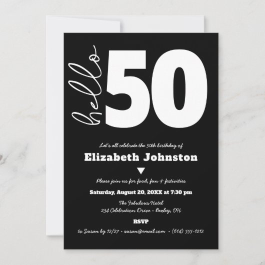 Invitation Black and White Hello 50 Fabulous Birthday Bold (Devant)