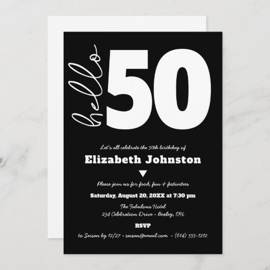 Invitation Black and White Hello 50 Fabulous Birthday Bold (Devant / Derrière)