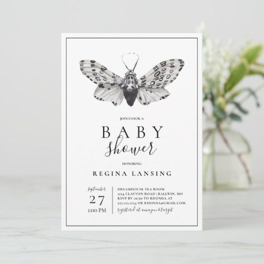 Invitation Black and White Love You Moth Baby shower (Debout devant)