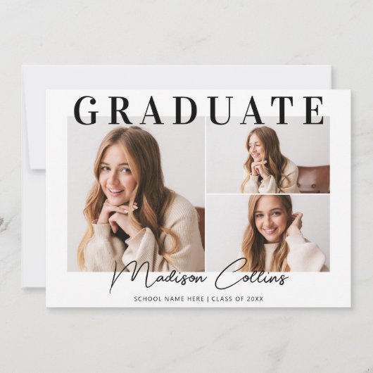 Invitation Black and White moderne 3 Photo Graduation Party (Devant)