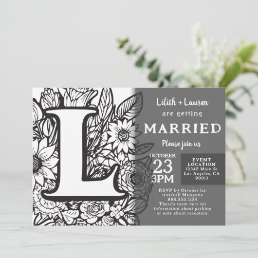 Invitation Black and White Monogram L Tattoo Flowers Wedding (Debout devant)