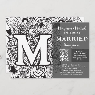 Invitation Black and White Monogram M Tattoo Flowers Wedding
