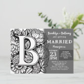 Invitation Black and White Monogram Tattoo Flowers Wedding (Debout devant)