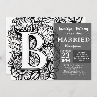 Invitation Black and White Monogram Tattoo Flowers Wedding