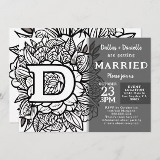 Invitation Black and White Monogram Tattoo Flowers Wedding