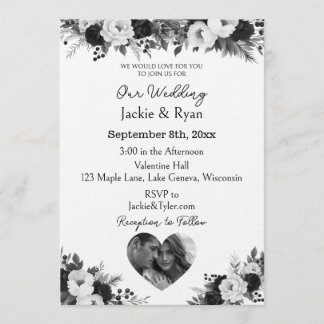 Invitation Black and White Photo Template Botanical  Wedding 
