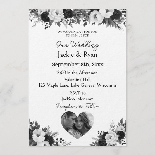 Invitation Black and White Photo Template Botanical  Wedding  (Devant)