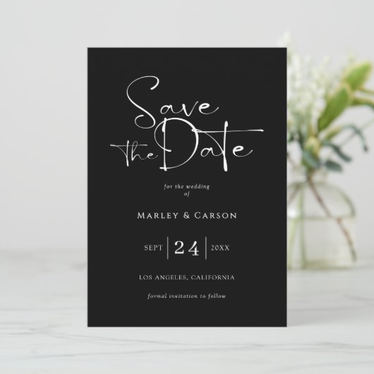 Invitation Black and White Script Save The Date Wedding (Debout devant)