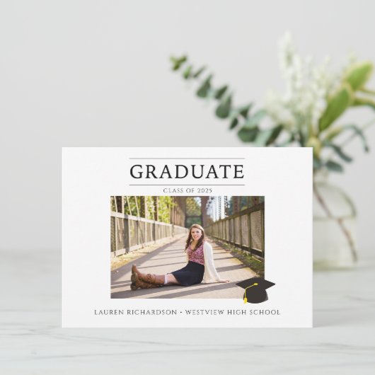 Invitation Black and White Simple Photo Graduation Party (Debout devant)