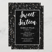 Invitation Black and white sparkles Sweet 16 élégant script (Devant / Derrière)