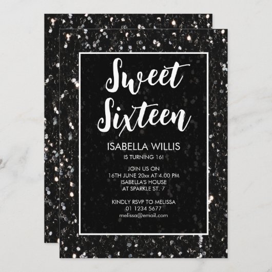 Invitation Black and white sparkles Sweet 16 élégant script (Devant / Derrière)