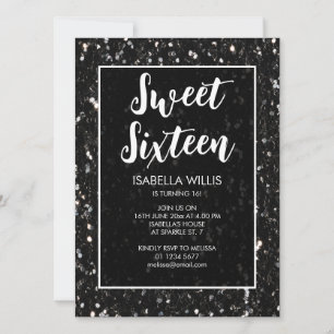 Invitation Black and white sparkles Sweet 16 élégant script