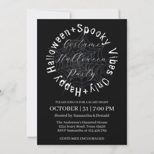 Invitation Black and White Spider Web Halloween Costume Party (Devant)