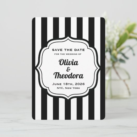 Invitation Black and White Stripe Save the Date Cards (Debout devant)