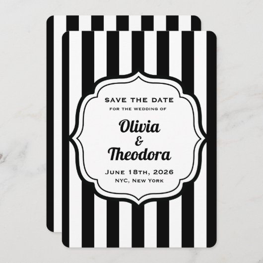 Invitation Black and White Stripe Save the Date Cards (Devant / Derrière)