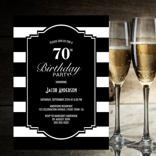 Invitation Black and White Striped 70e fête d'anniversaire