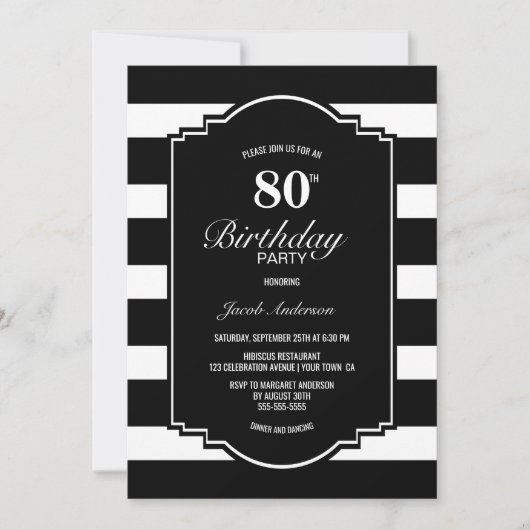 Invitation Black and White Striped 80e fête d'anniversaire (Devant)
