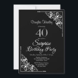 Invitation Black and White Surprise 40th Birthday Party<br><div class="desc">Une invitation à la fête de 40e anniversaire en noir et blanc surprend avec des coins en dentelle ornés pour encadrer le texte blanc.</div>