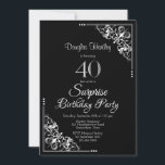Invitation Black and White Surprise 40th Birthday Party<br><div class="desc">Une invitation à la fête de 40e anniversaire en noir et blanc surprend avec des coins en dentelle ornés pour encadrer le texte blanc.</div>