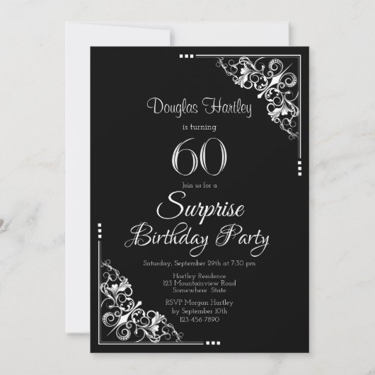 Invitation Black and White Surprise 60e fête d'anniversaire (Devant)