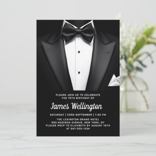 Invitation Black and White Tuxedo Tux Birthday Event (Debout devant)