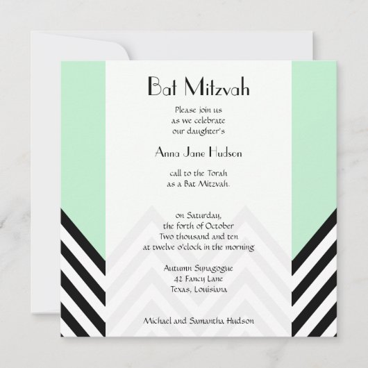 Invitation Black and White Zigzag Pattern, Green, bat mitzvah (Devant)